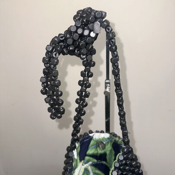 Francesca’s Black Wooden Beaded Crossbody Bag Pouch Floral Lining EUC - Picture 6 of 6